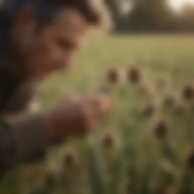 A farmer examining quality teasel seeds in a field