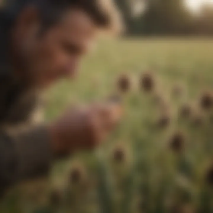 A farmer examining quality teasel seeds in a field