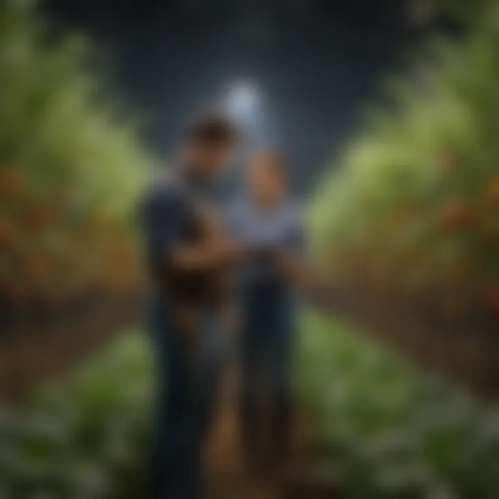 A farmer inspecting plants under full spectrum LED lights.