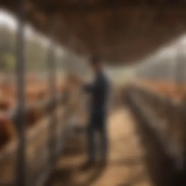 A farmer installing a hanging poultry feeder in a coop