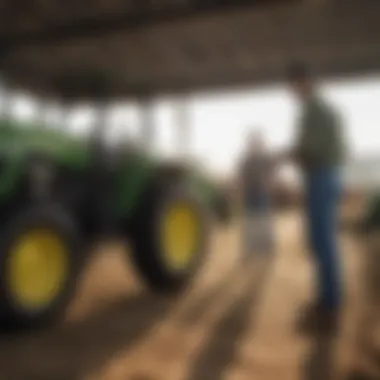 Farmers engaging with dealership staff discussing agricultural solutions