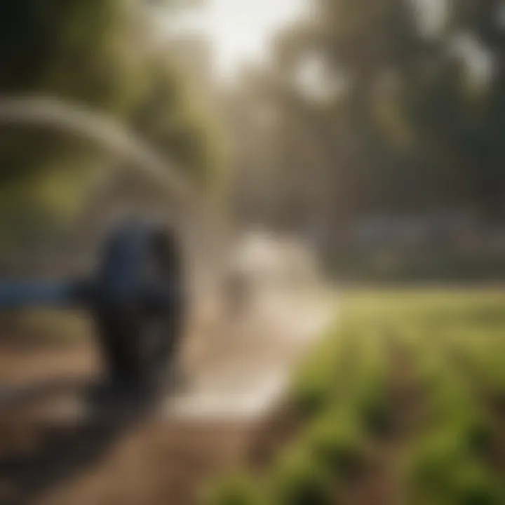 A field being irrigated using a reel sprinkler system