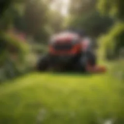 Detailed view of a ride-on mower in a lush garden setting