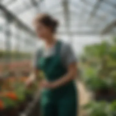 A worker tending to plants in a greenhouse