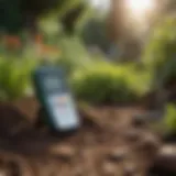 A detailed close-up of a high-quality soil pH tester in a garden setting