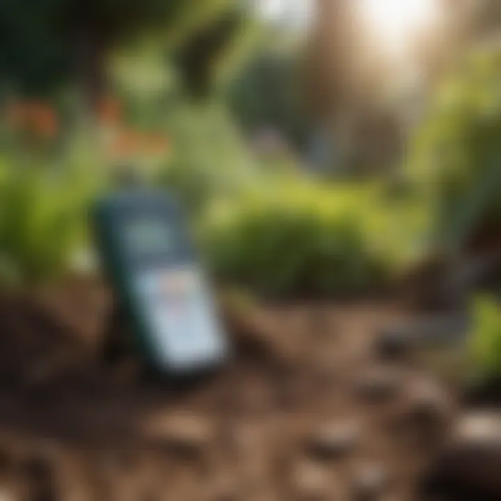 A detailed close-up of a high-quality soil pH tester in a garden setting