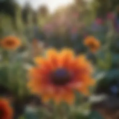 Blooming flower garden in a vegetable patch