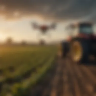 Advanced technology in agriculture, featuring sensors and drones monitoring fields