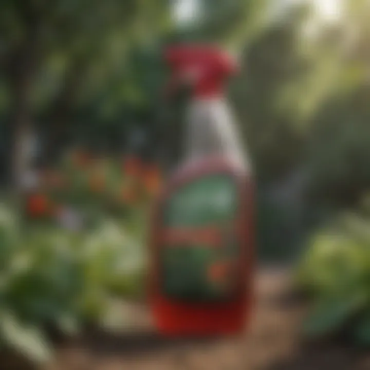 A close-up of a pesticide spray bottle in a garden