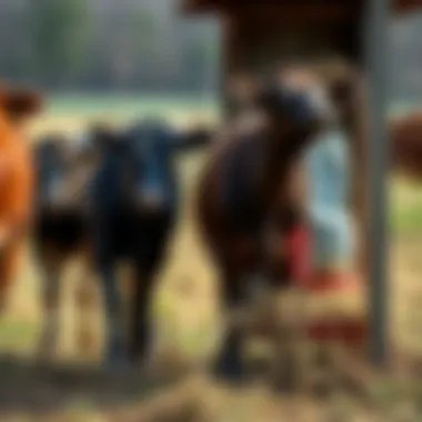 Animal Interaction with Forager Slow Feeders A diverse range of animals utilizing a forager slow feeder in a pasture setting.
