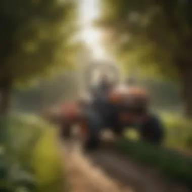 Versatile Garden Tractor in Agricultural Setting A versatile garden tractor equipped with a bucket attachment in a lush agricultural setting