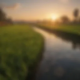 A lush green rice field during the golden hour