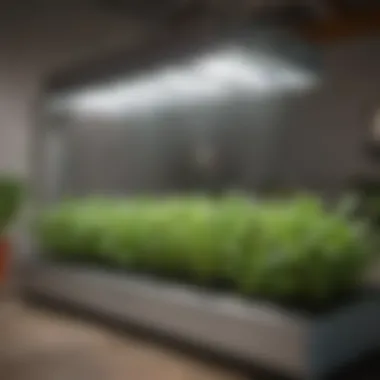 A serene indoor hydroponic garden with various herbs growing under LED grow lights, showcasing technology in gardening.