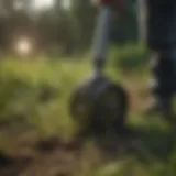 Close-up of weedeater cutting through dense grass
