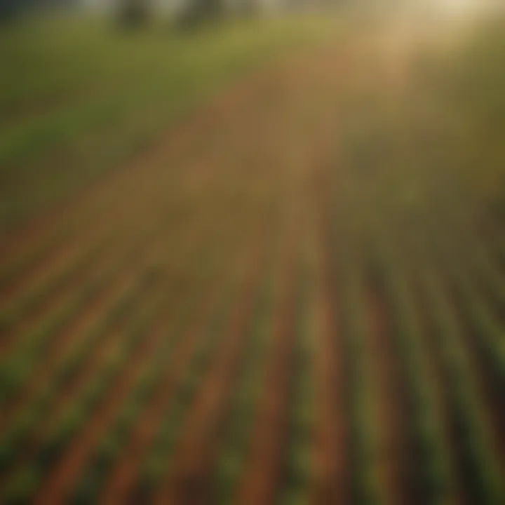 An aerial view of an organic spice farm, highlighting rows of healthy plants thriving under sustainable farming practices.