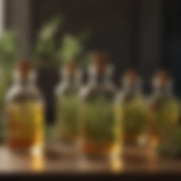 A collection of essential oils in glass bottles
