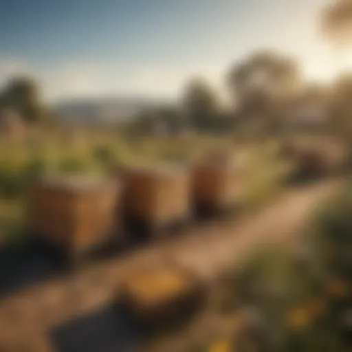 A scenic landscape showcasing a bee farm with hives under a clear sky