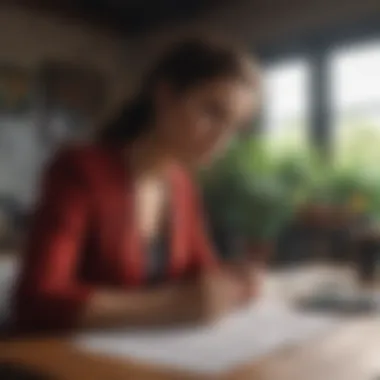 Business Plan Analysis An entrepreneur reviewing a business plan at a desk