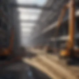 Overview of modern construction site with workers and machinery