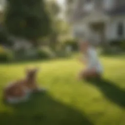 Lawn care service professional assessing a green lawn with a dog playing nearby