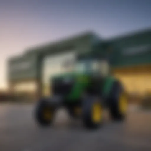 Exterior view of a John Deere dealership in Foley, Alabama showcasing a wide range of equipment