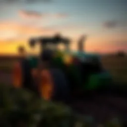 Tractor in a field during sunset