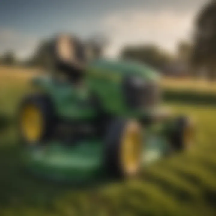 A detailed view of a John Deere lawn mower showcasing its PTO system.