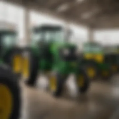 Diverse range of John Deere products lined up at the Baytown dealership.