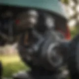 A close-up of a lawn mower engine undergoing maintenance