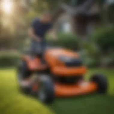 A technician inspecting a lawn mower for repairs