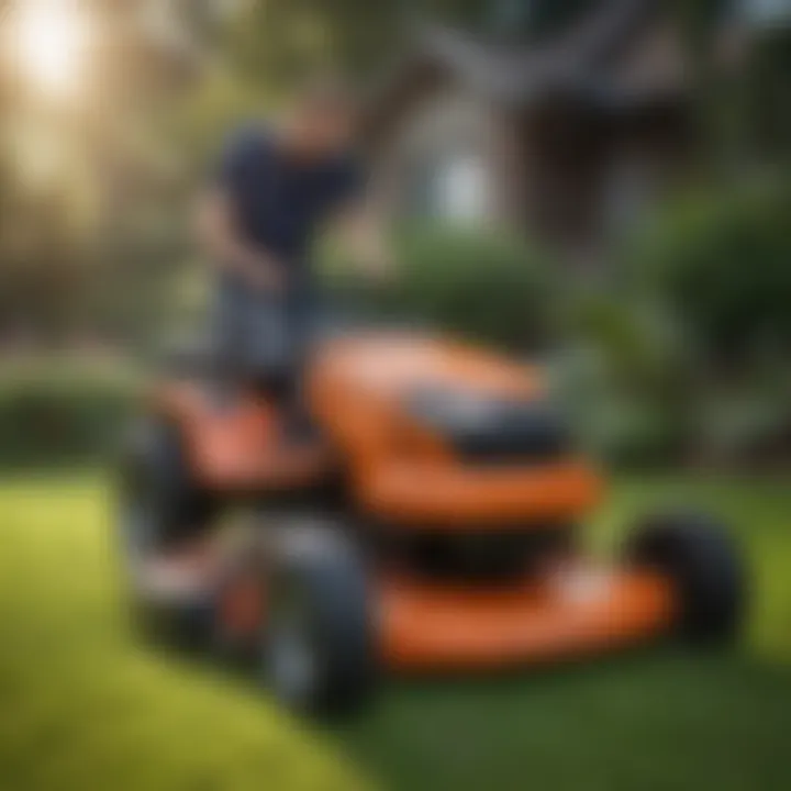 A technician inspecting a lawn mower for repairs
