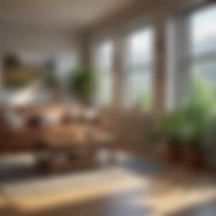 A cozy living space with visible air circulation and moisture control elements.
