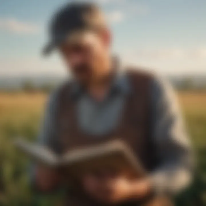 A close-up view of a farmer reading an agricultural book in a field.