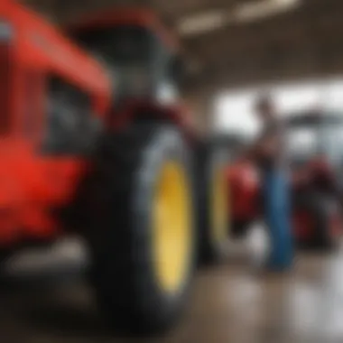 A buyer inspecting a used tractor at a local dealership