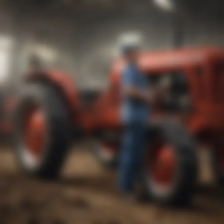 A mechanic performing maintenance on a used tractor