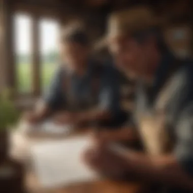 A farmer reviewing documents with an agent