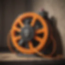 Various types of outdoor extension cord reels displayed