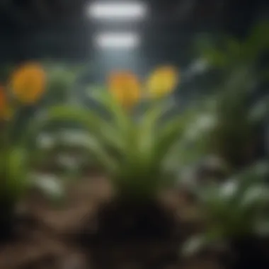 Illustration of a plant's growth stages under fluorescent lighting