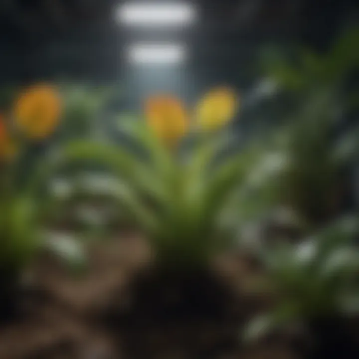 Illustration of a plant's growth stages under fluorescent lighting