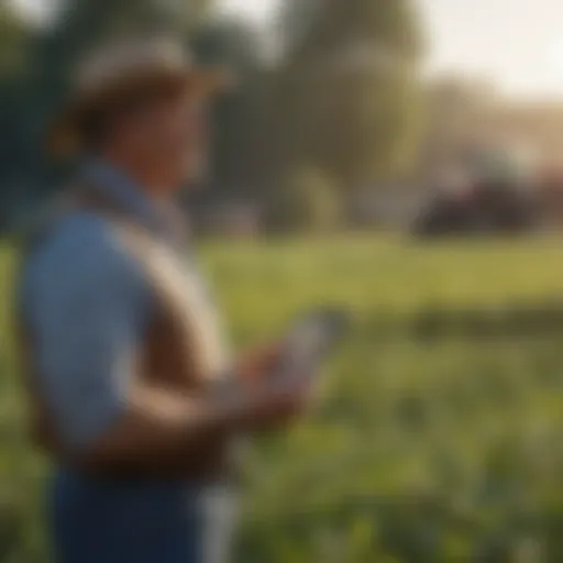 A farmer watching a safety video in a field