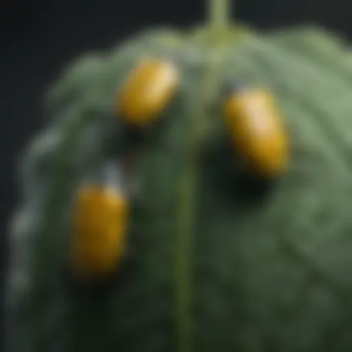 Detailed view of cucumber beetles on a cucumber plant