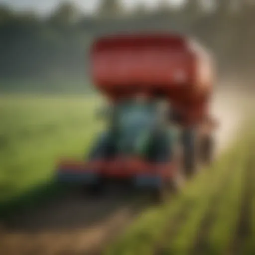 A high-performance fertilizer spreader in action across a lush green field.