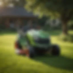 A modern riding lawn mower in action on a lush green lawn