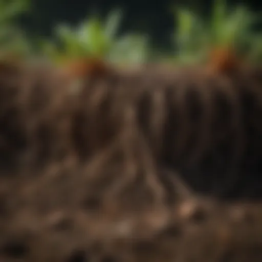 Close-up of rich soil with vibrant plant roots