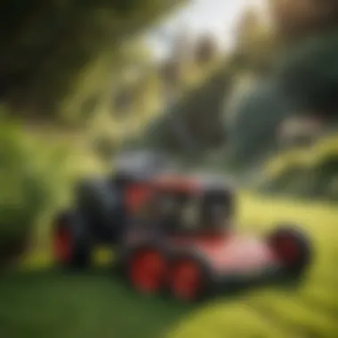 Rotary Push Mower in Action Side profile of a rotary push mower in a lush garden setting