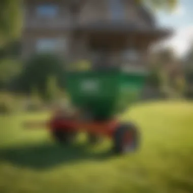 Compact Fertilizer Spreader in Action A compact lawn fertilizer spreader on a green lawn