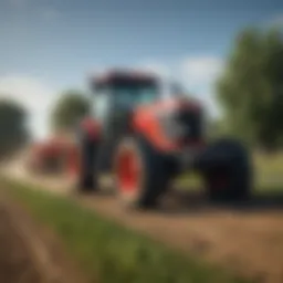 Modern tractor in a lush field