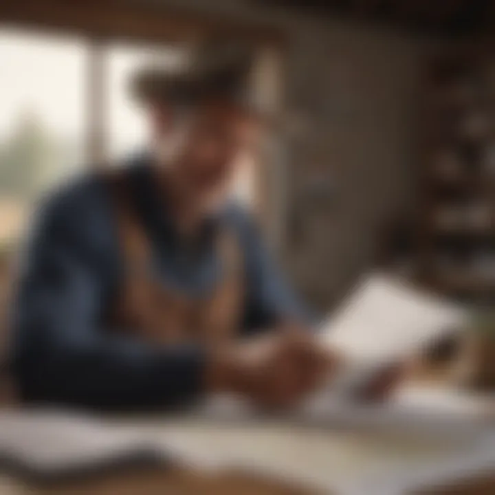 Close-up of a farmer reviewing financial documents and land maps