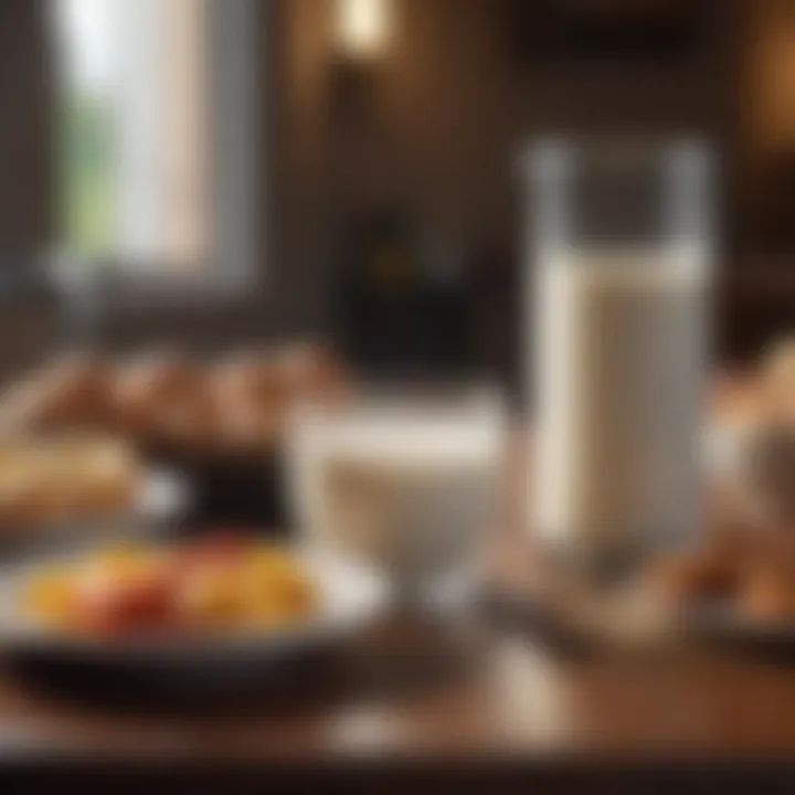 A breakfast table featuring whole milk alongside healthy foods