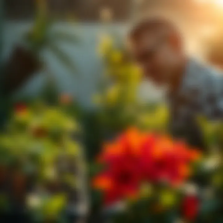 Gardener assessing plants' health after using liquid fertilizer